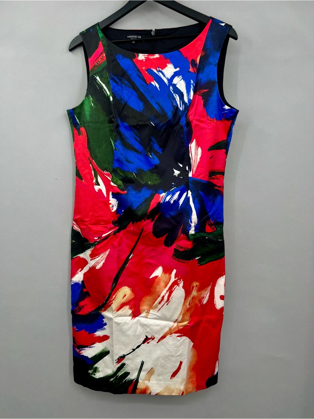 Lafayette 148 Red Blue Abstract Print Sheath Dress Womens 10 Sleeveless Midi
